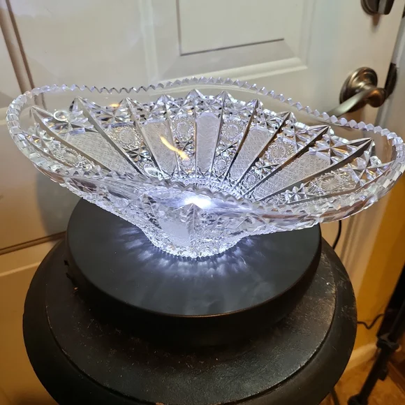 Beautiful Antique Wheel Cut Glass Ornate Oval Crystal Bowl 12.5" - Picture 6 of 10